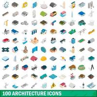 100 architecture icons set, isometric 3d style vector