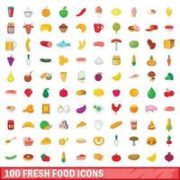 100 iconos de alimentos frescos, estilo de dibujos animados vector