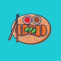 Slice of salmon with chopsticks on wooden plate with sauce vector illustration