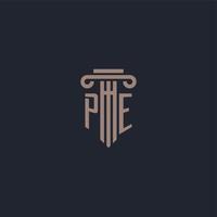PE initial logo monogram with pillar style design for law firm and justice company vector