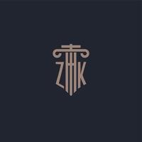 ZK initial logo monogram with pillar style design for law firm and justice company vector