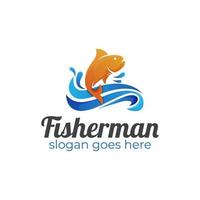 fisherman logos of fresh fish with water waves logo concept for selling fish, seafood, fishing logo vector