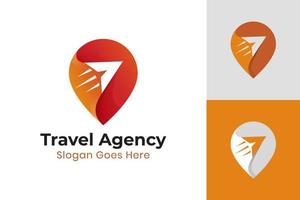 gradient color pin map sign with plane or fast arrow for travel location, agency modern logo template vector