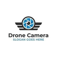 lens camera video with wings symbol for modern drone, photo studio logo design vector