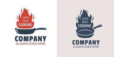 logotipos retro vintage de cocina caliente de hierro fundido de sartén antiguo rústico con fuego para el diseño del logotipo de la cocina del restaurante de comida tradicional vector