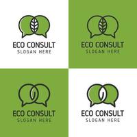 logo set of green eco chat or natural consulting with leaves symbol. Talk bubble with herb minimalist logo design