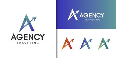 modern logos of initial letter A with arrow plane or rocket launch for travel agency business logo design vector