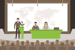 Speaker doing presentation about global issues in the world. World problem creative concept. Vector illustration flat style