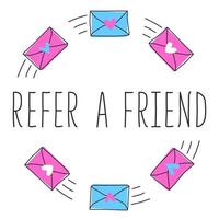 Refer a friend text with blue and pink email or message with heart. Hand drawn banner in flat style. Vector illustration for business, marketing and advertising