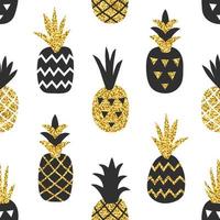Creative seamless pattern of pineapple with gold glitter texture and geometric ornament. Scandinavian stylish background. Vector illustration with hand drawn cute pineapple