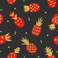 Creative seamless pattern of red pineapple with gold glitter texture on black background. Geometric ornament, stylish background. Vector illustration with hand drawn cute pineapple