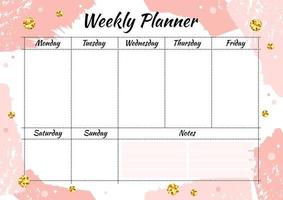 Creative weekly planner with gold glitter sparkles on pink brushstroke background. Stylish fashion organizer and schedule. Planner template for print, wedding, school. Vector illustration.