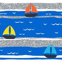 Marine seamless pattern with cartoon boats on striped background. Silver glittering texture on waves. Vector illustration for print, scrapbook or wrapping paper