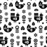 Folk art seamless pattern with birds and decorative floral elements. Black and white print template. Good for printing. Scandinavian style. Vector illustration.