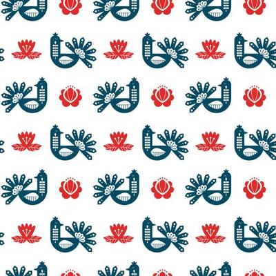 Folk art seamless pattern with peacock and floral elements. Nordic decorative ornaments. Vector print.