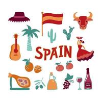 Collection Hand drawn symbols of Spain. Culture, food and natural signs. Vector clipart.