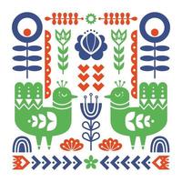 Decorative composition with birds and decorative floral elements. Nordic ornaments, folk art pattern. Vector template for your design.