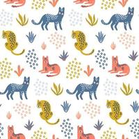 Cute seamless pattern with colorful Leopards, tropical leaves and shapes. Hand drawn wallpaper. Vector design template. Good for print, fabric, wrapping paper , childish apparel etc.