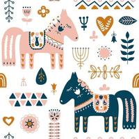 Hand drawn seamless folk art pattern. Nordic repeating pattern with Dala Horse and forest floral elements. Vector illustration.