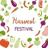 Harvest festival bright banner. Modern design template with hand drawn vegetables and space for text. Vector background.