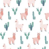 patrón moderno dibujado a mano sin costuras con alpacas y cactus. textura infantil. bueno para tela, ilustración vectorial textil vector
