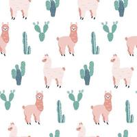 Modern seamless hand drawn pattern with alpacas and cacti. Childish texture. Good for fabric, textile Vector Illustration
