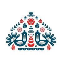 Decorative print with peacock and floral elements. Nordic ornaments, folk art pattern. Vector template for your design.