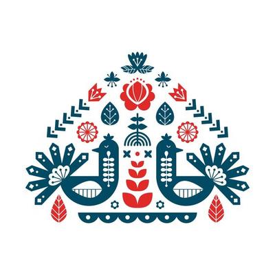 Decorative print with peacock and floral elements. Nordic ornaments, folk art pattern. Vector template for your design.