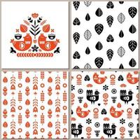 Folk art pattern collection with seamless and single pattern. Monochrome retro floral pattern. Composition with bird and floral elements. Nordic style. Vector design templates set.