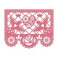 Paper greeting card with cut out flowers, Doves and heart. Papel Picado vector template design isolated on white background. Traditional Mexican paper garland.