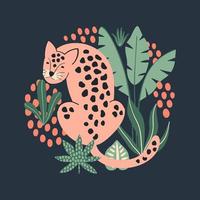 Hand drawn print with cute pink Leopard and tropical leaves. Vector illustration.