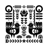 Decorative black and white composition with birds and decorative floral elements. Nordic ornaments, folk art pattern. Vector template for your design.