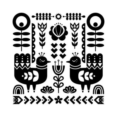 Decorative black and white composition with birds and decorative floral elements. Nordic ornaments, folk art pattern. Vector template for your design.