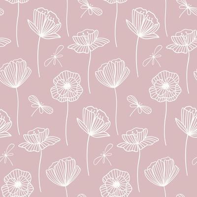 Floral vector seamless pattern with Poppy flowers. White flowers shape on pastel pink background. Vector wallpaper. Good for fabric, textile, wrapping paper, packaging design.