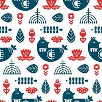 Folk art seamless pattern with bird and floral elements. Nordic decorative ornaments. Vector print.