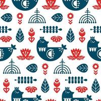 Folk art seamless pattern with bird and floral elements. Nordic decorative ornaments. Vector print.