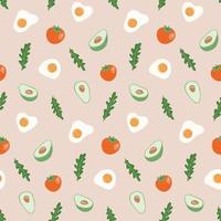 Seamless pattern with hand drawn healthy food. Breakfast illustration. Repeated vector background with avocado fruit, tomato, fried egg and arugula.