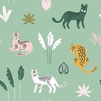 Cute seamless pattern with hand drawn Leopards and tropical leaves. Exotic wallpaper. Vector design template. Good for print, fabric, wrapping paper , etc