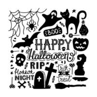 Hand drawn Halloween doodles print with lettering, pumpkin, bat, cat, ghost and other elements. Vector illustration.