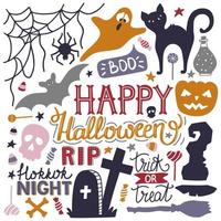 Hand drawn Halloween colorful doodles print with lettering, pumpkin, bat, cat, ghost and other elements. Vector illustration.