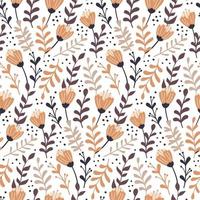 Modern seamless pattern with autumn floral elements. Hand drawn flowers, herbs and leaves. Vector wallpaper.