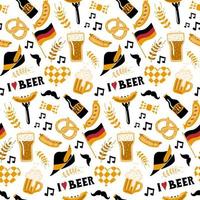 Hand drawn seamless pattern with traditional Beer fest attributes on white background. Craft beer print. Doodle style. Vector repeating wallpaper.