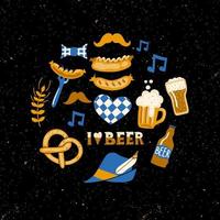 Set of Hand drawn traditional Beer fest attributes on grunge background. Craft beer print. Doodle style. Vector template.