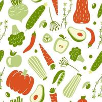 Modern seamless pattern with hand drawn colorful doodle vegetables. Vector wallpaper. Good for printing.