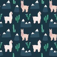 Modern seamless hand drawn pattern with Alpacas, Cactus and Mountains. Childish texture. Good for print. Vector repetitive wallpaper.