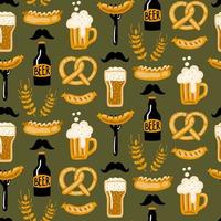 Hand drawn seamless pattern with Beer and Food. Craft beer print. Doodle style. Vector repeating wallpaper.