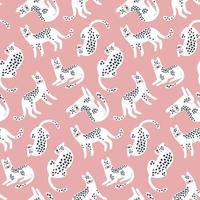 Trendy hand drawn seamless pattern with white Leopards on pink backdrop. Vector print.