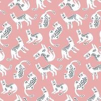 Trendy hand drawn seamless pattern with white Leopards on pink backdrop. Vector print.