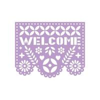 Bright paper with cut out flowers, geometric shapes and text Welcome. Papel Picado vector template design isolated on white. Traditional Mexican paper garland.