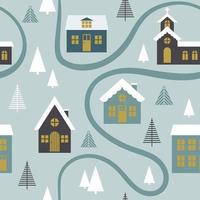 Modern seamless childish pattern with cute houses in a forest. Scandinavian style. Kids texture for print. Vector repetitive background.